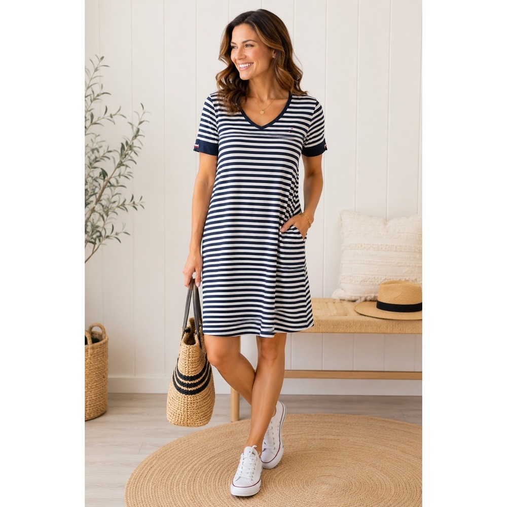 Tommy Hilfiger Striped T Shirt Dress L Navy White Coastal Preppy Nautical